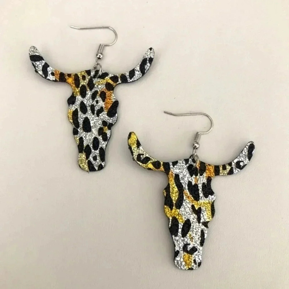 3 for $25/ Longhorn Leopard Print Metallic Faux Leather Die-Cut Earrings NWT